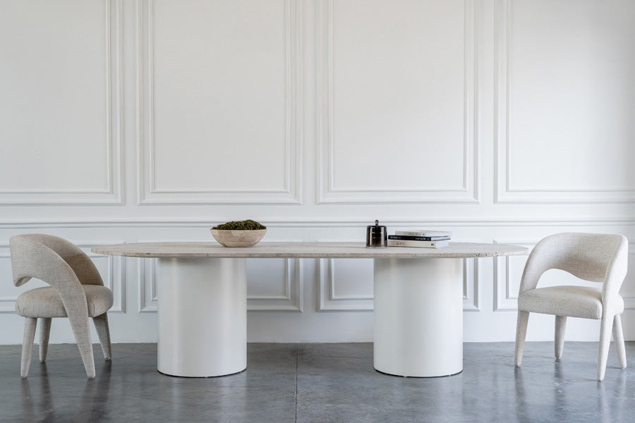 Table shown in Travertine top and base in white
