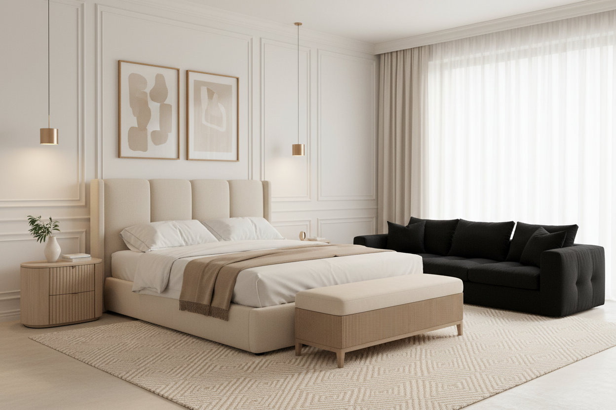 Luxurious modern bedroom with upholstered bed, fluted bedside table, pendant lights and sheer curtains — The Design House Dubai