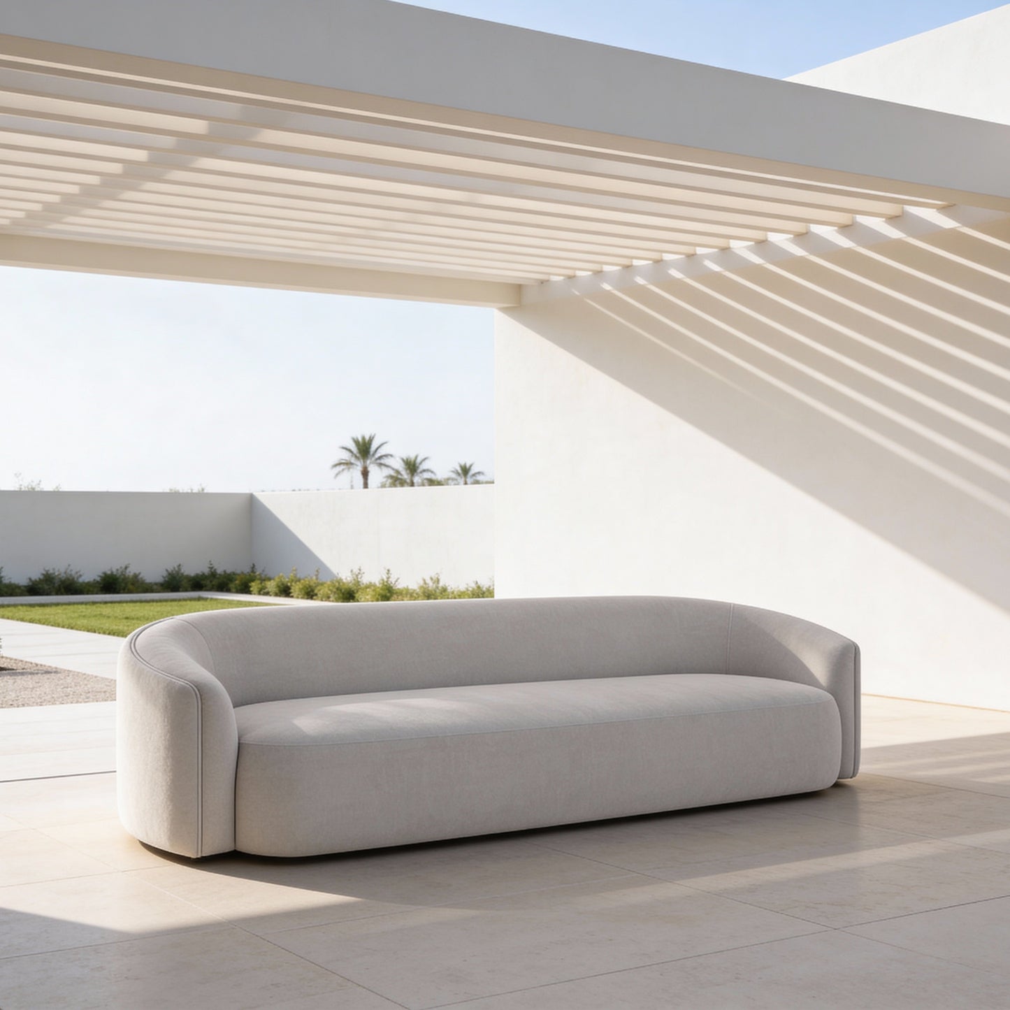 Outdoor sofa under a pergola for Dubai garden living
